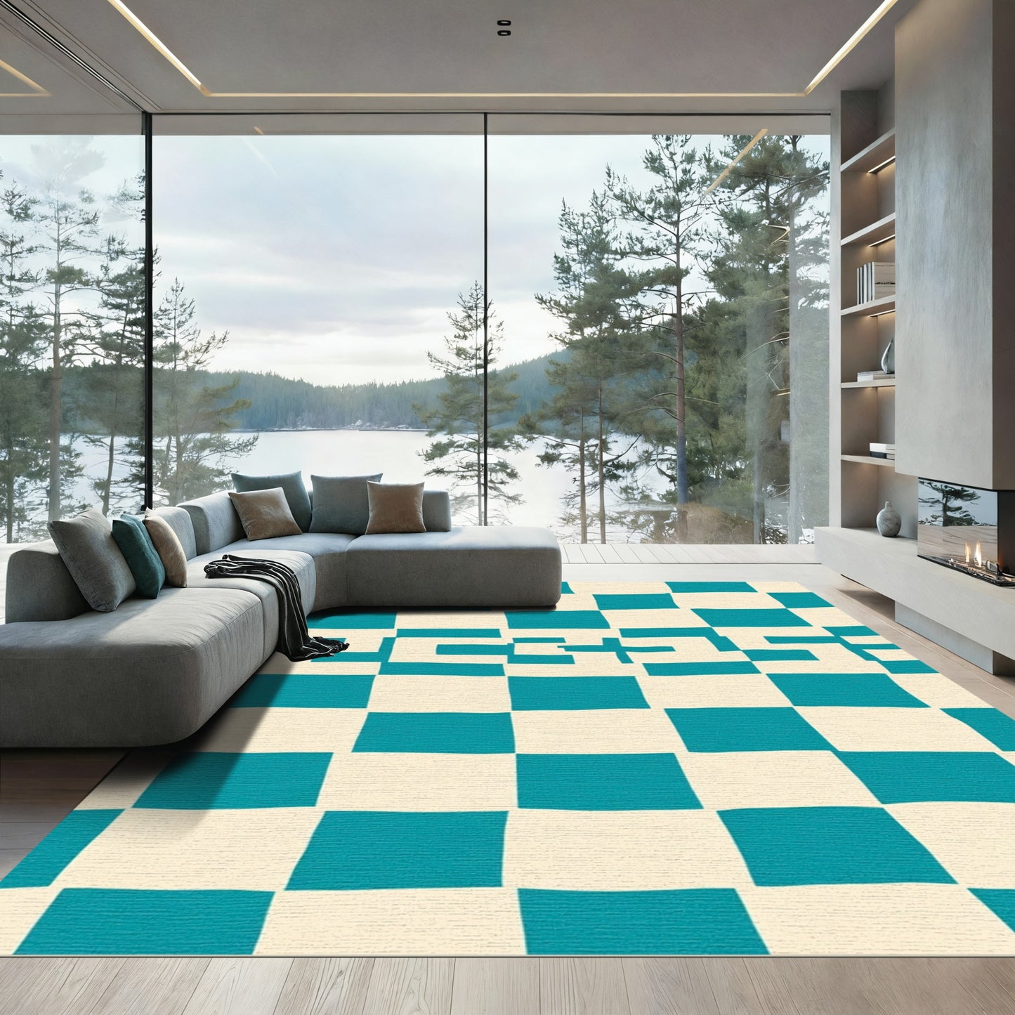 Aqua Cream Jagged Checkered Rug