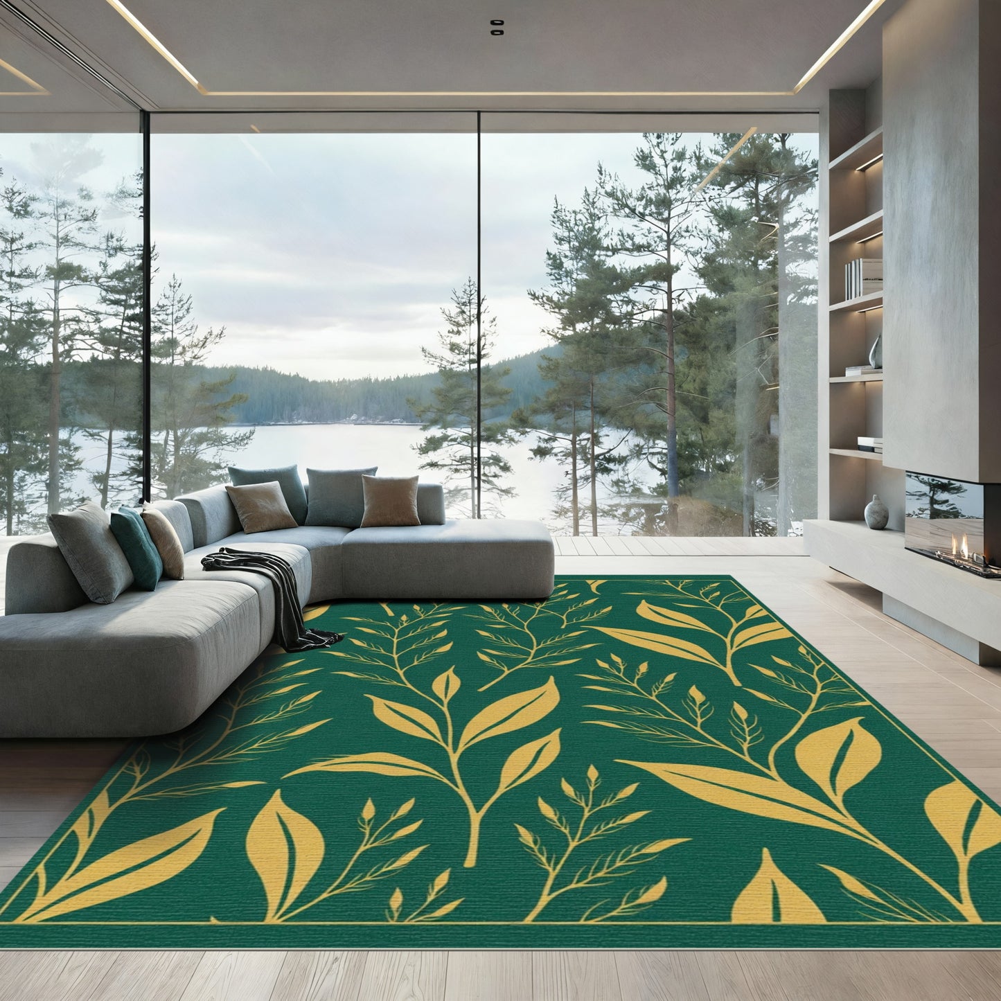 Deep Emerald Botanical Branch Arrangement Rug