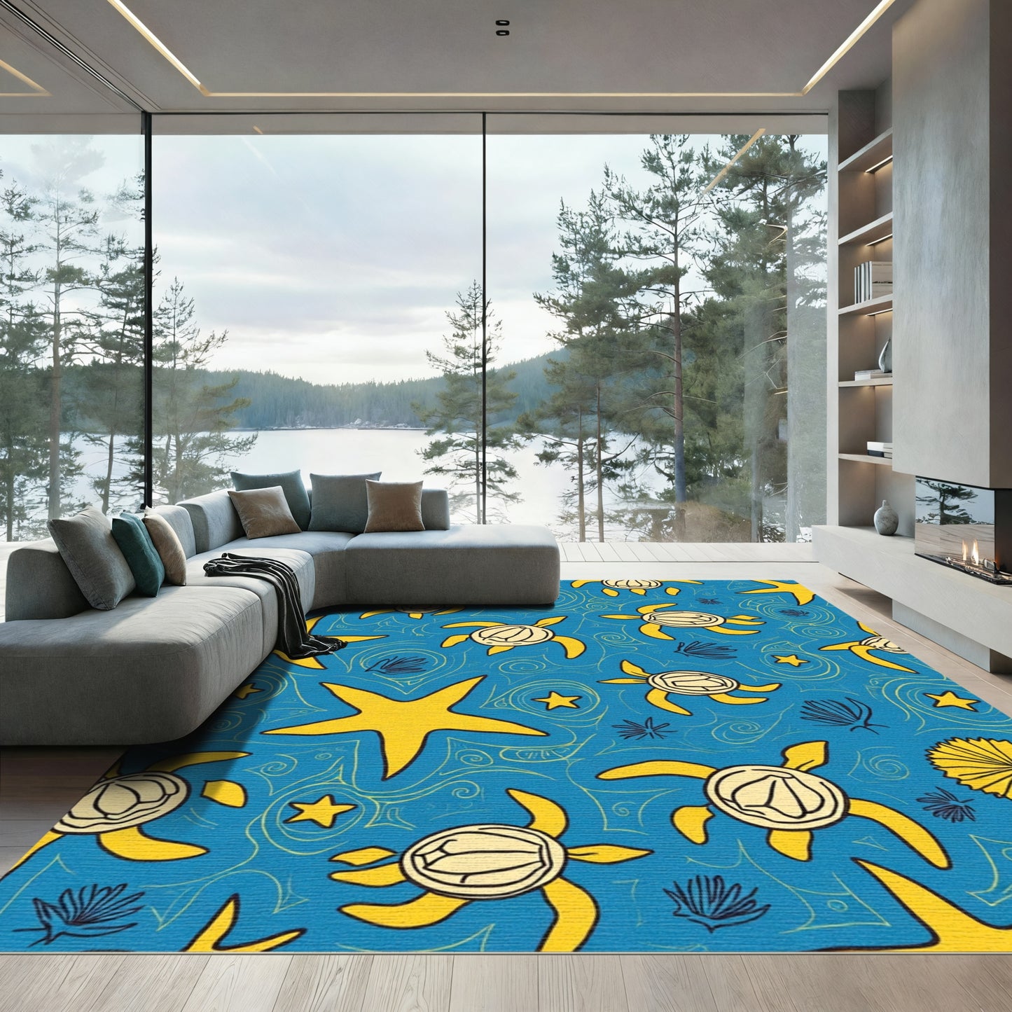 Sea Turtle Yellow Starfish Ocean Swirls Rug