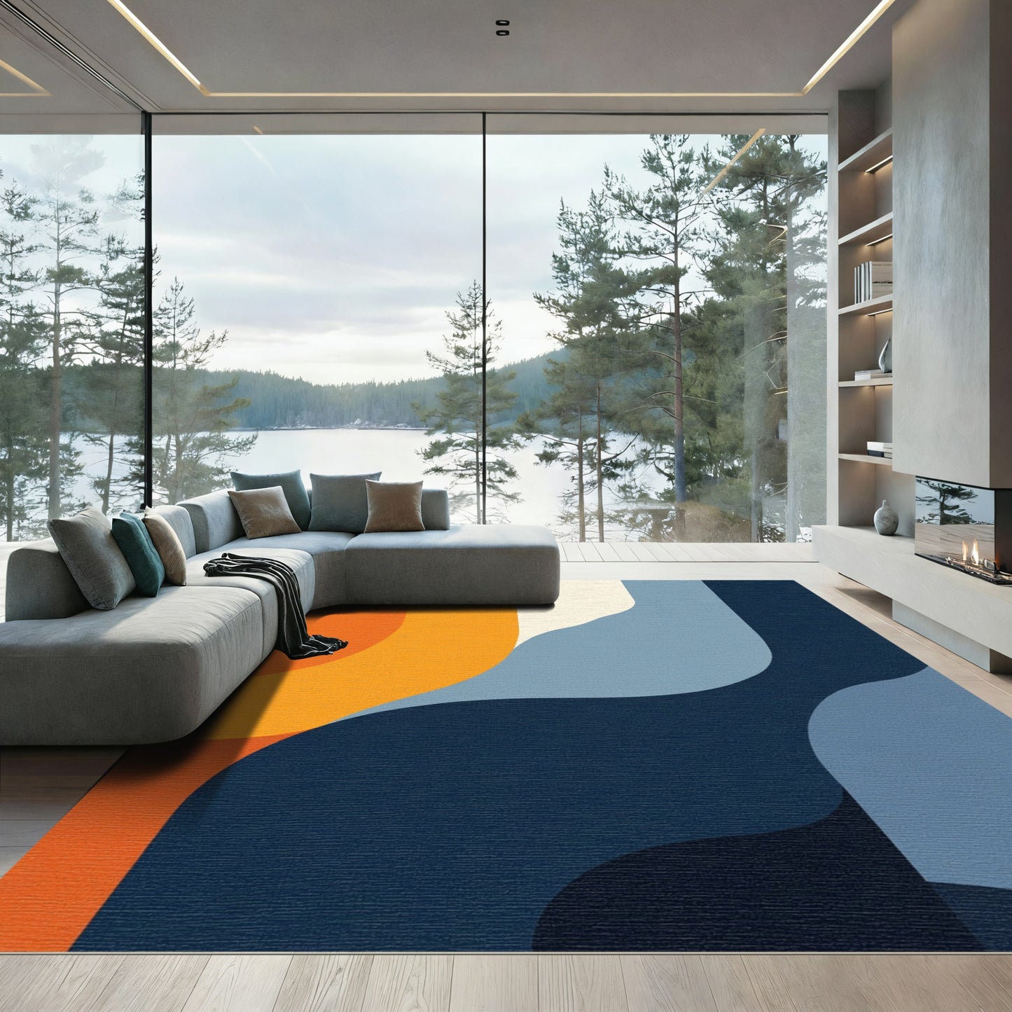 Retro Orange Navy Blue Abstract Waves Rug