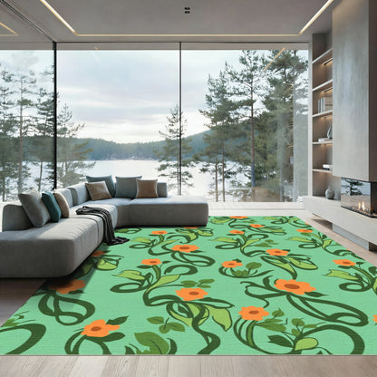 Whimsical Orange Flower Vine Meadow Rug