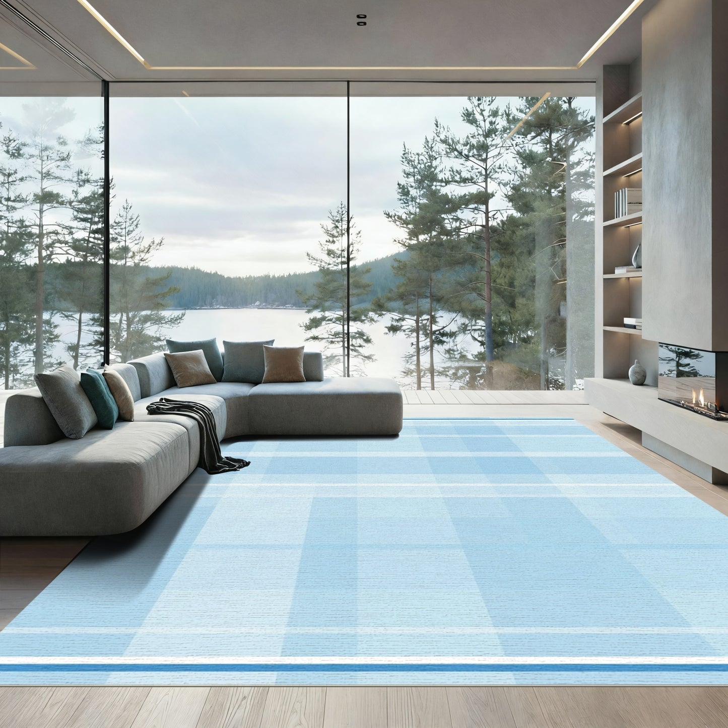 Soft Blue Plaid Window Pane Rug