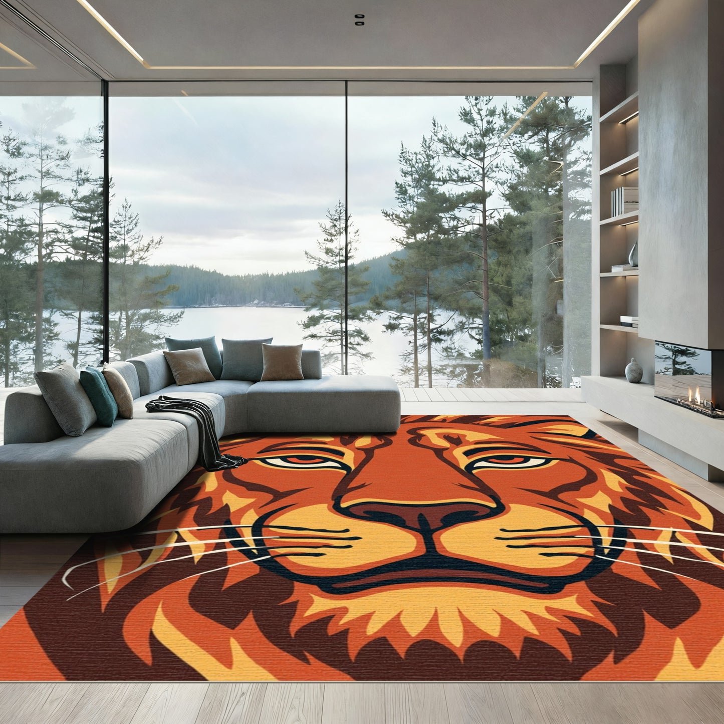 Bold Orange Lion Face Portrait Rug