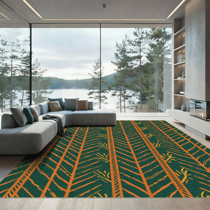 Forest Green Orange Tribal Chevron Rug