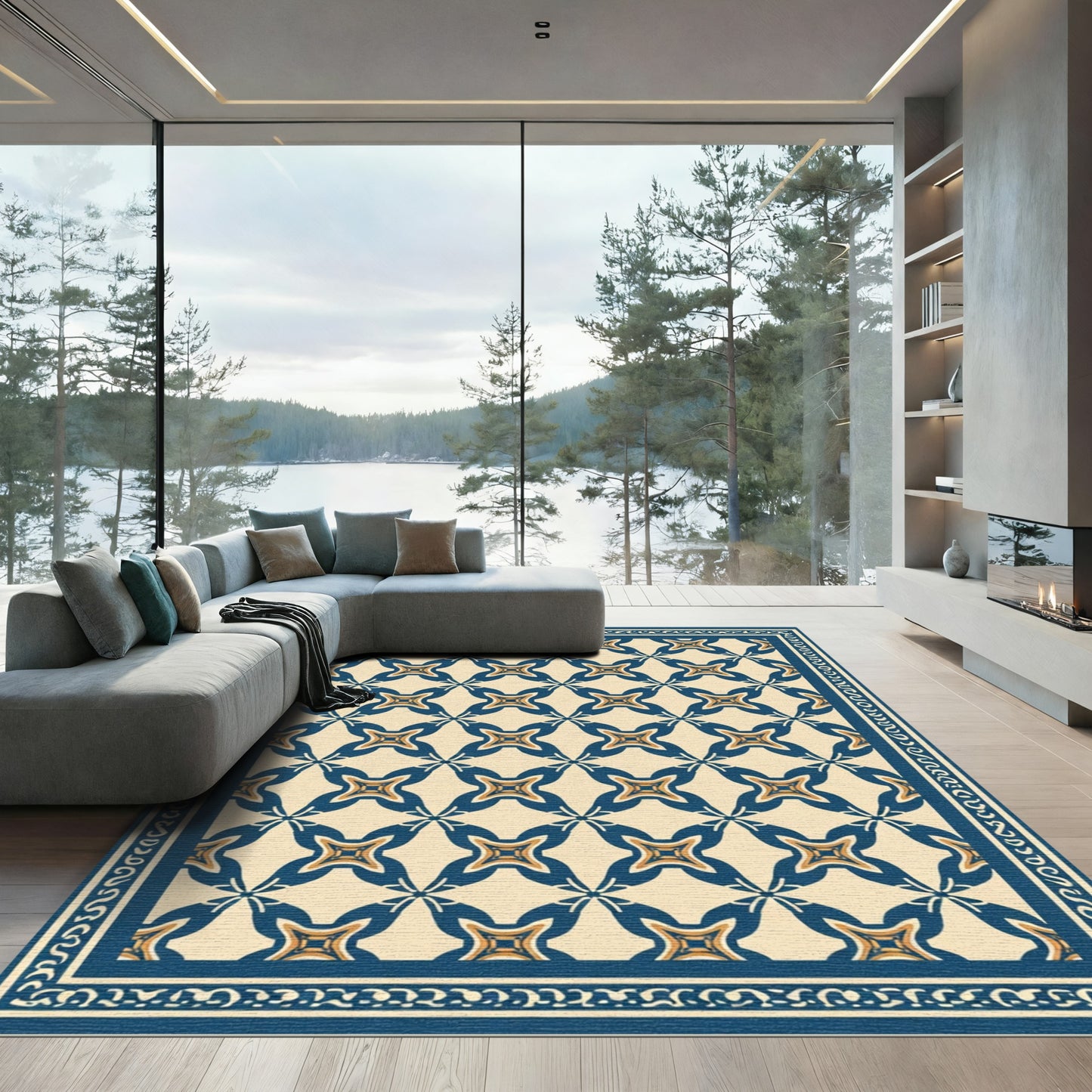 Cream Navy Geometric Starburst Frame Rug