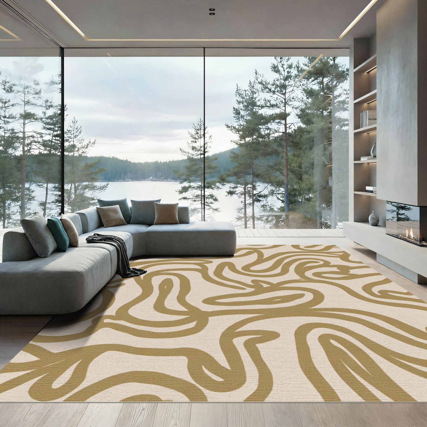 Warm Gold Abstract Swirls Rug