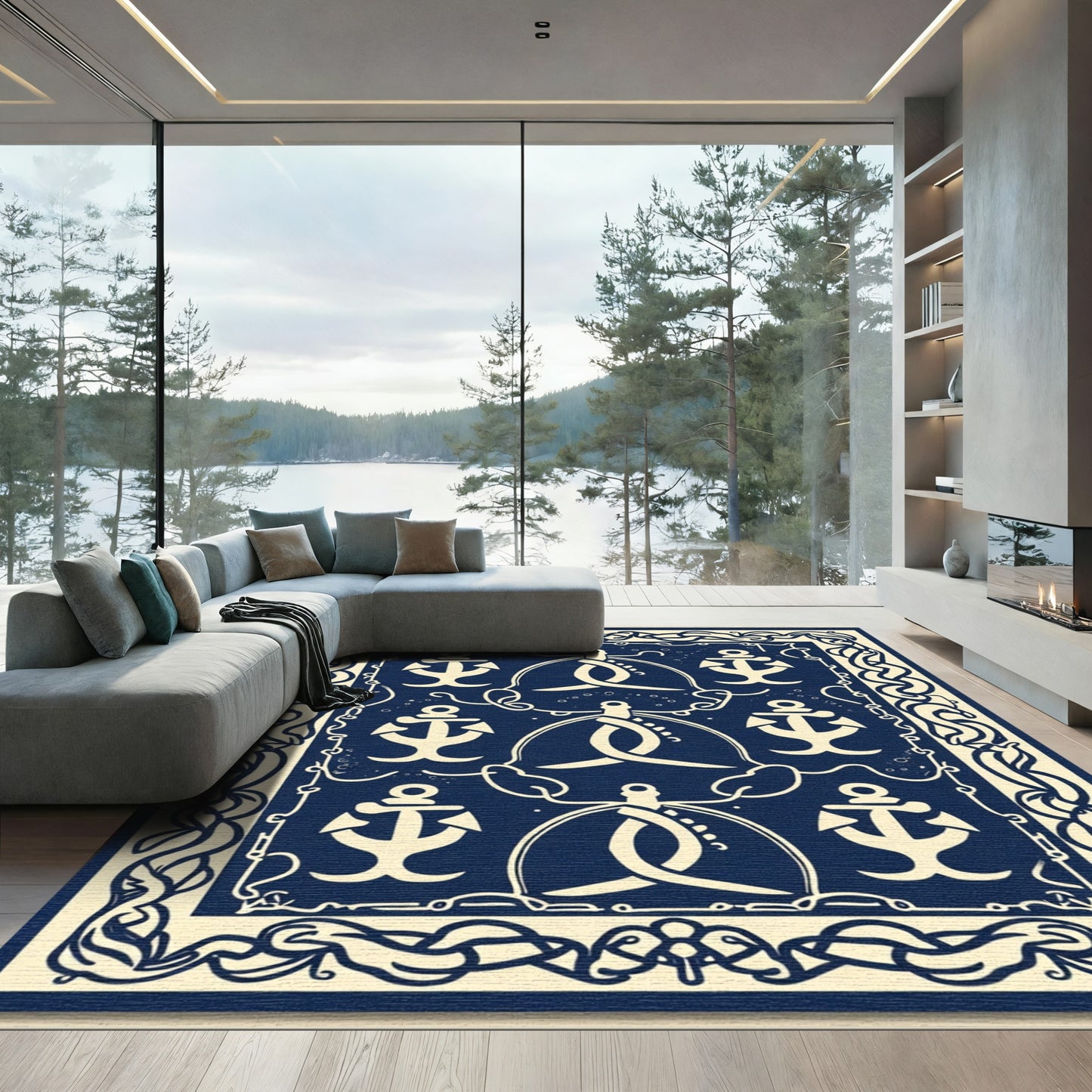 Nautical Anchor Navy Cream Border Rug