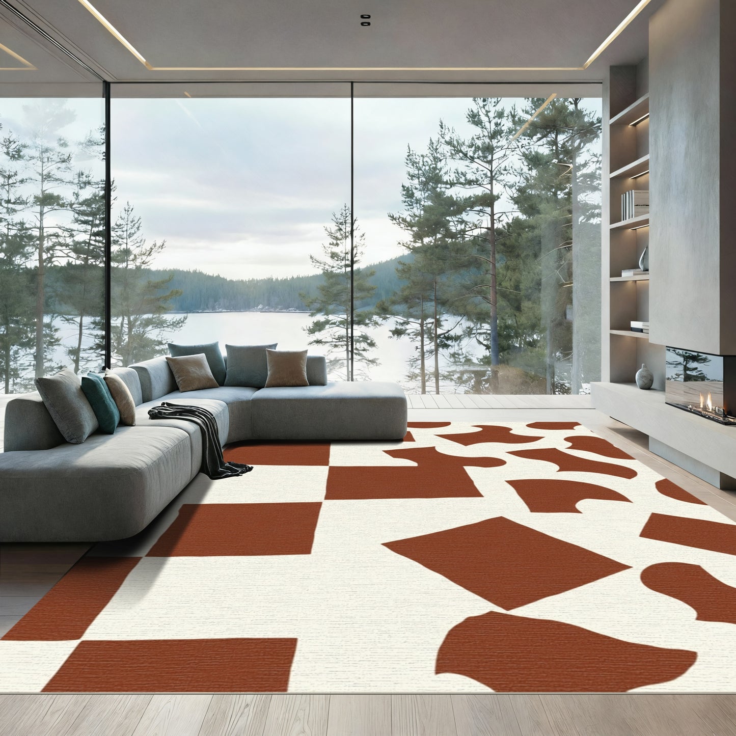 Terra Cotta White Abstract Shapes Rug