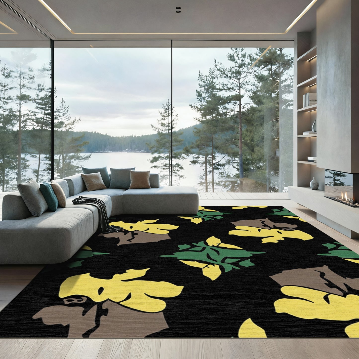 Bold Abstract Yellow Green Foliage Rug