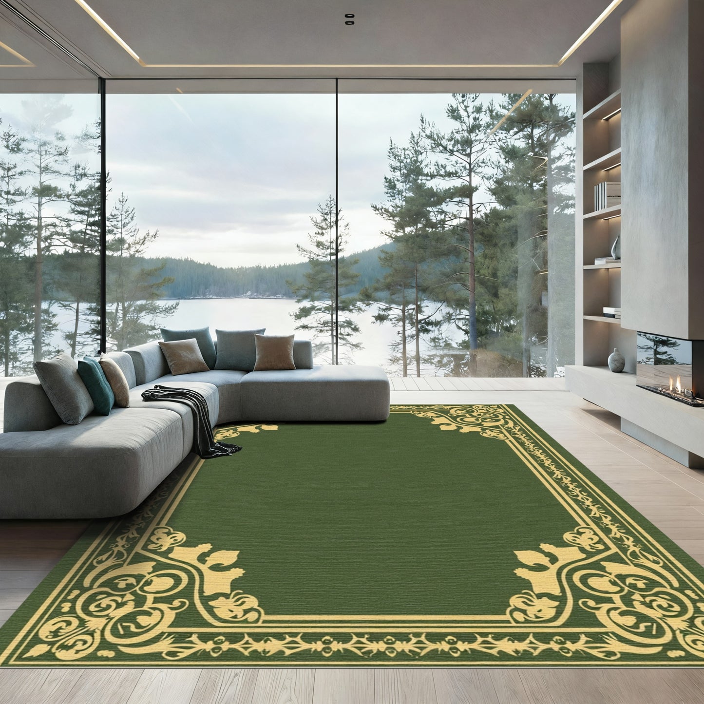 Olive Gold Ornate Floral Border Rug
