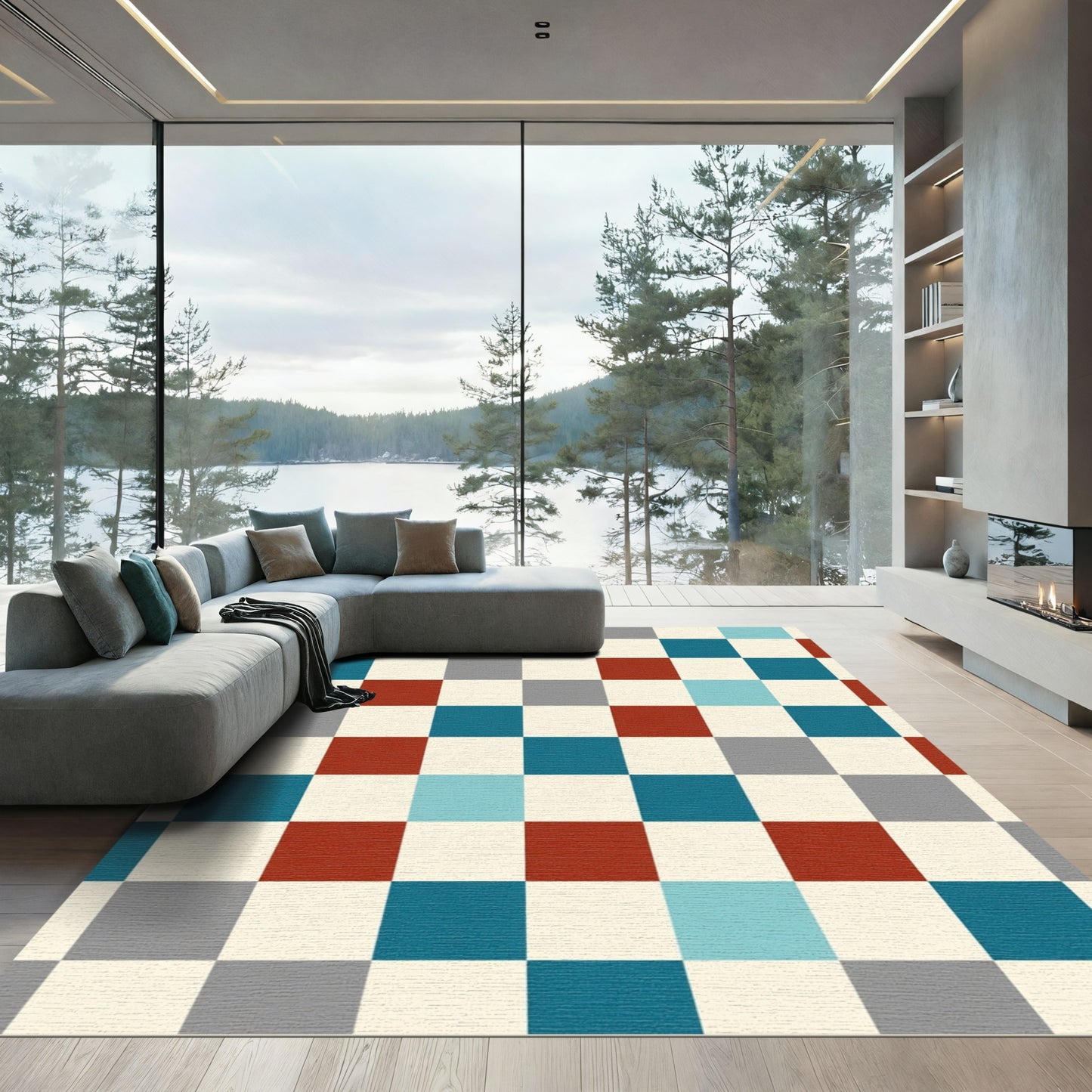 Vibrant Red Blue Gray Checkerboard Rug