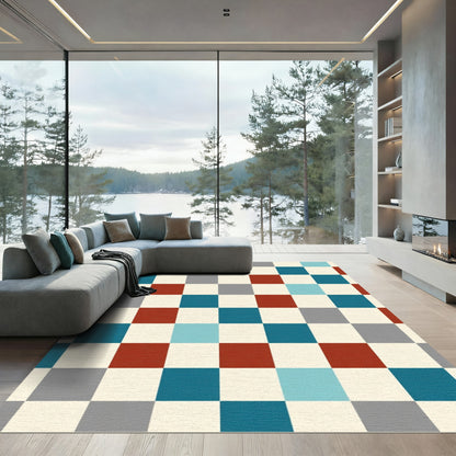 Vibrant Red Blue Gray Checkerboard Rug