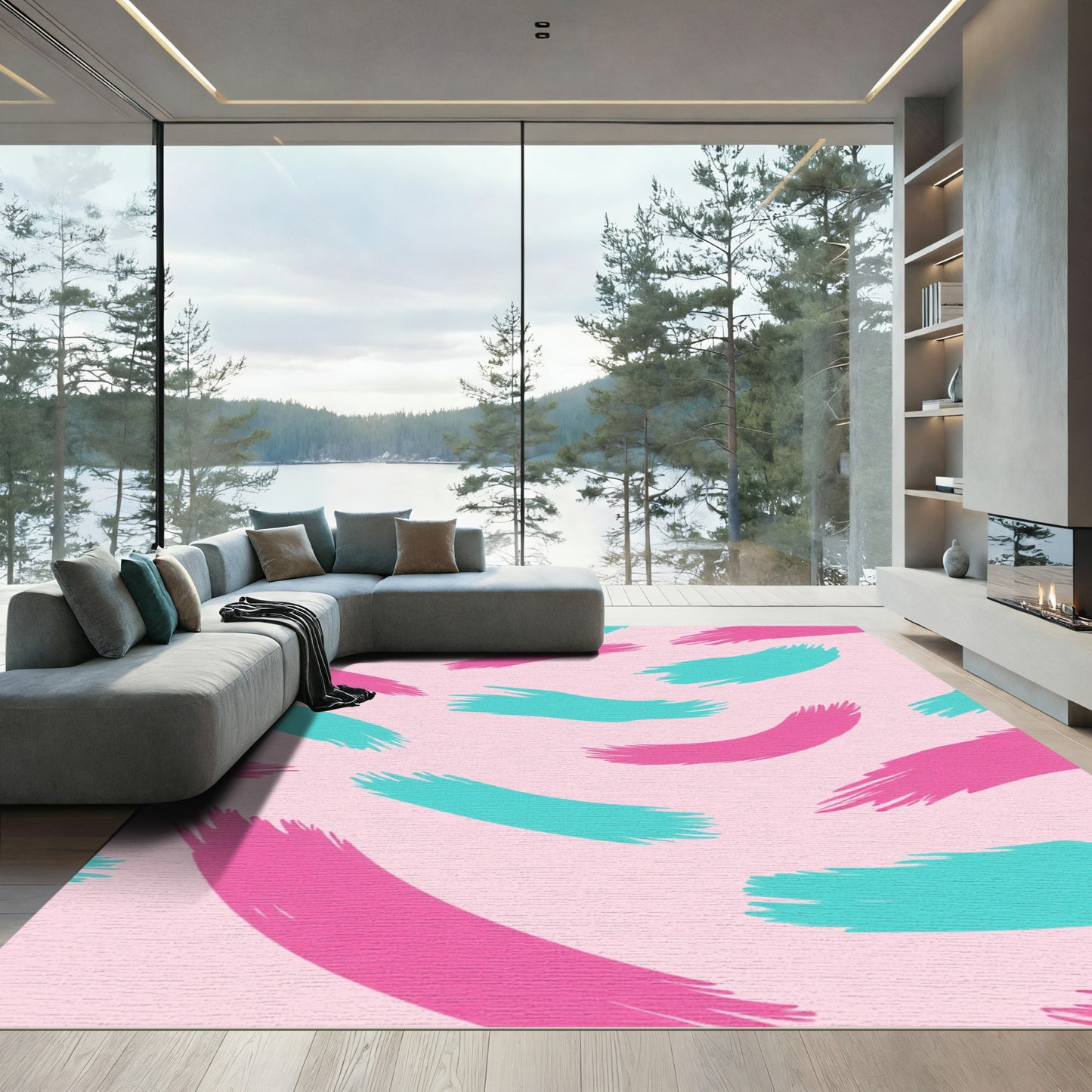Pink Teal Brush Strokes Abstract Rug