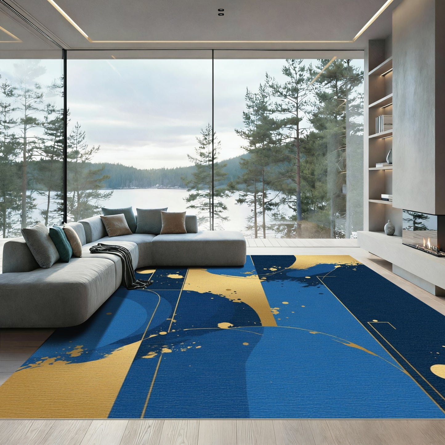 Modern Blue Gold Abstract Brushstroke Rug