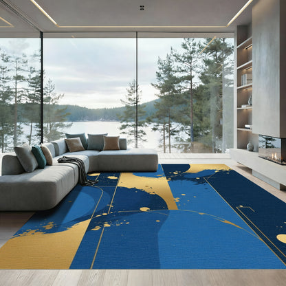 Modern Blue Gold Abstract Brushstroke Rug