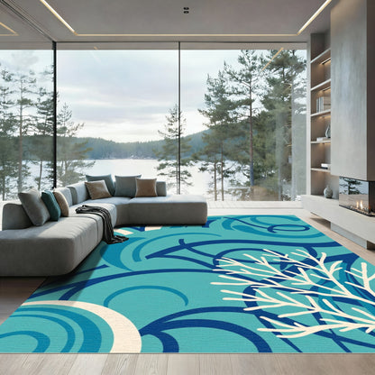 Aqua Blue Coral Swirl Composition Rug