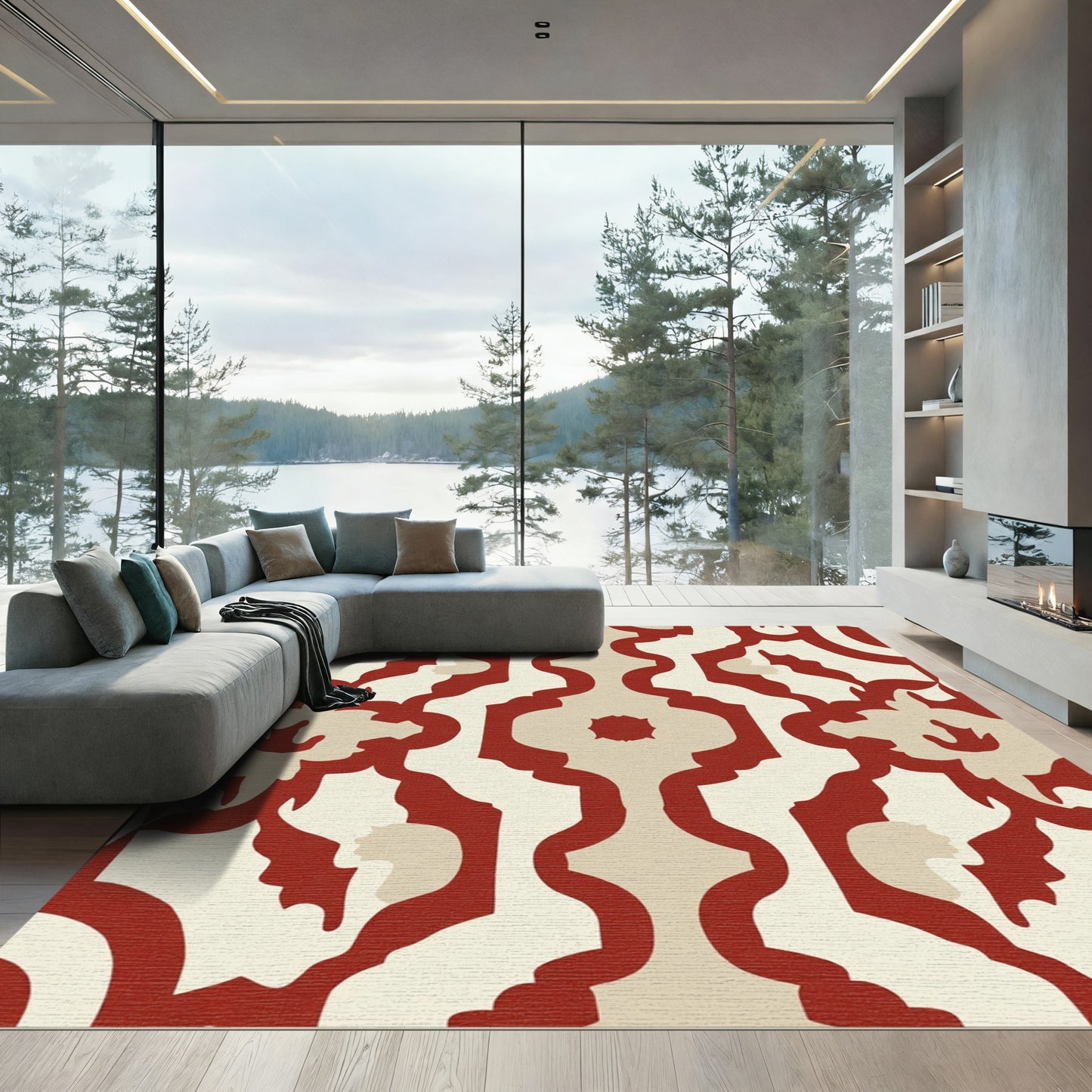 Crimson and Cream Arabesque Scroll Rug