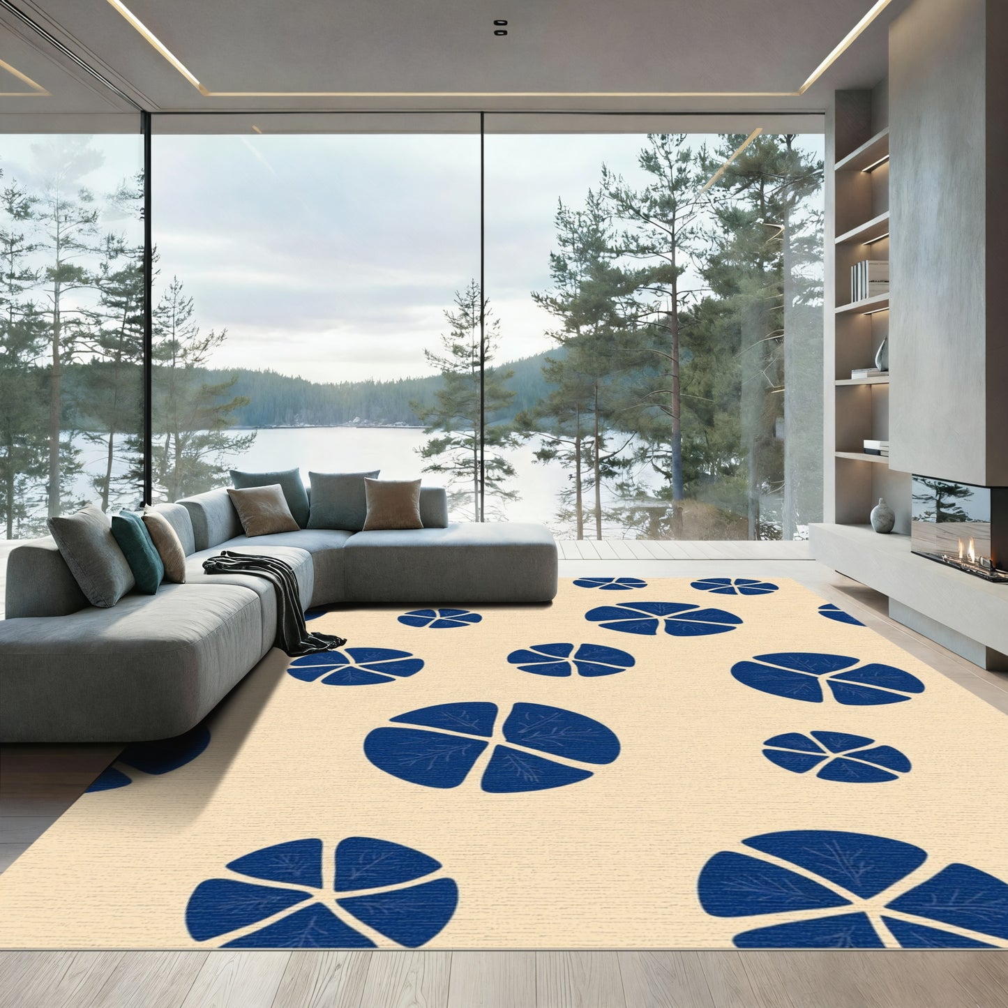 Deep Blue Circle Floral Abstract Rug