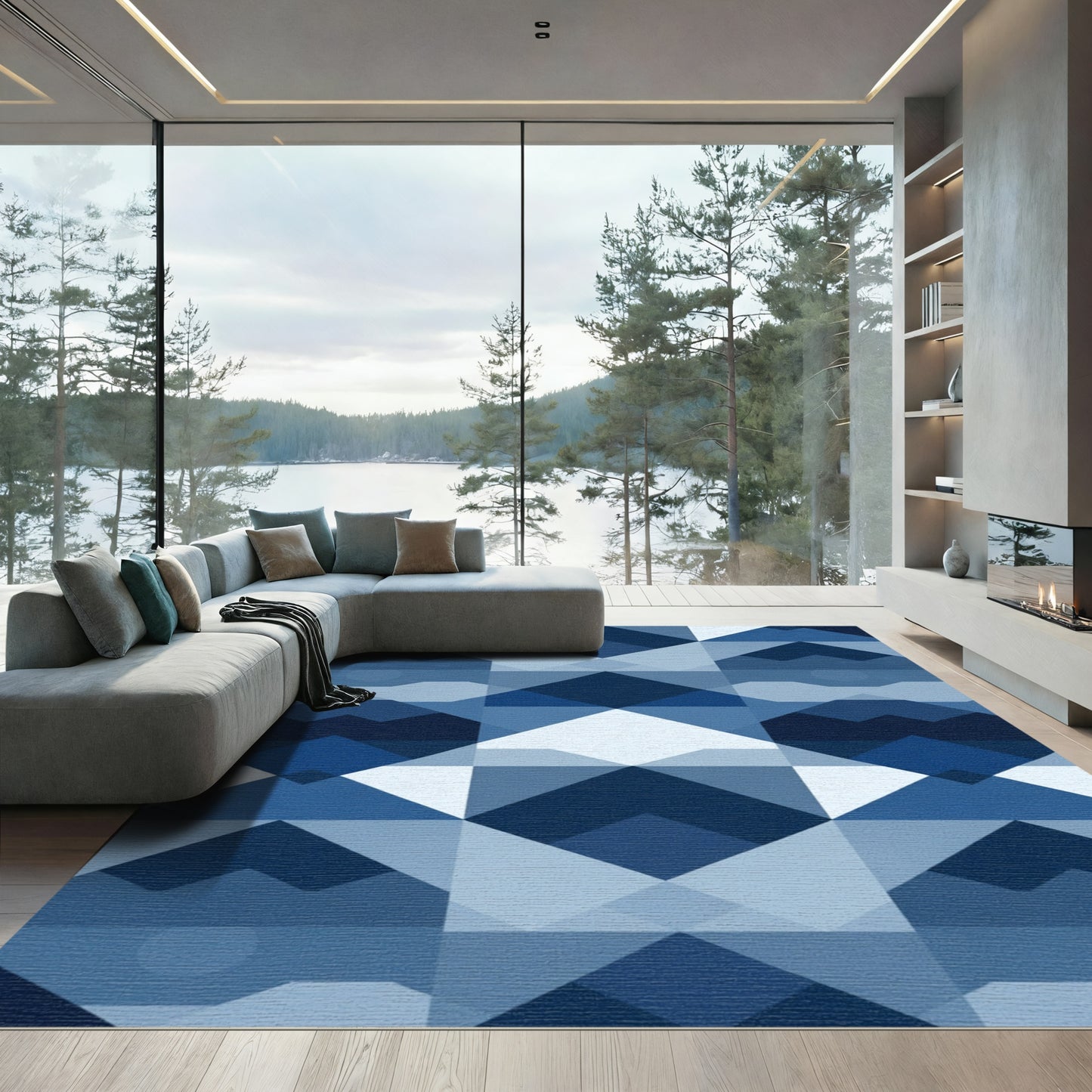 Deep Blue Geometric Diamond Collage Rug
