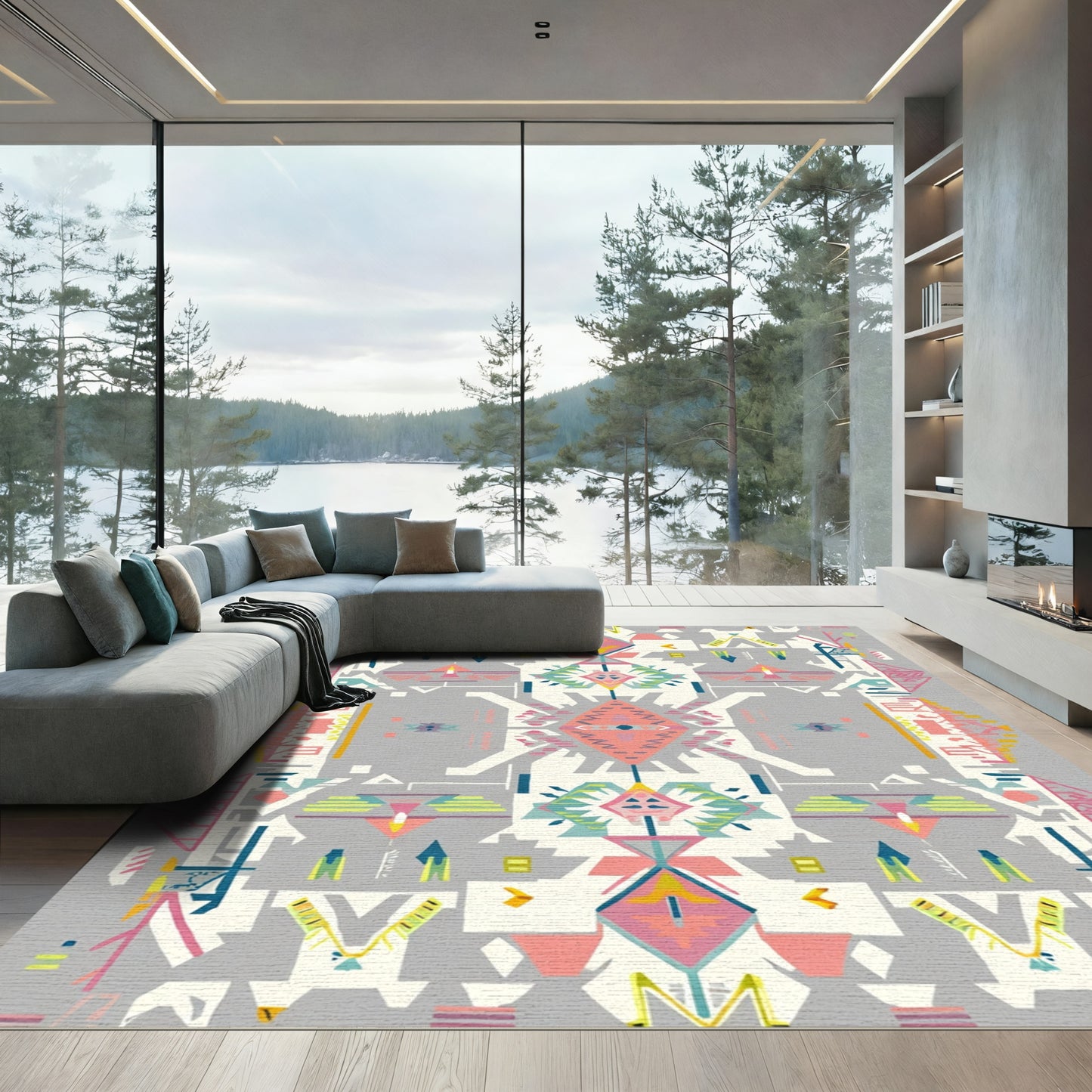 Geometric Pink Blue Tribal Diamond Rug