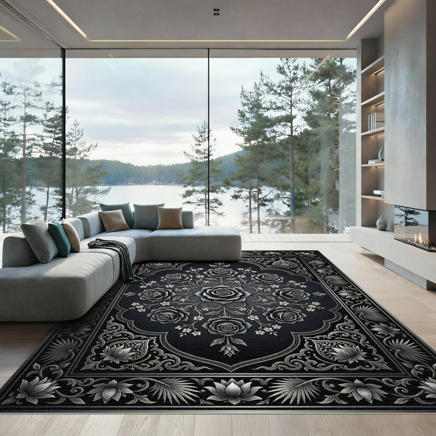 Ornate Black Rose Floral Arch Rug