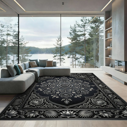 Ornate Black Rose Floral Arch Rug