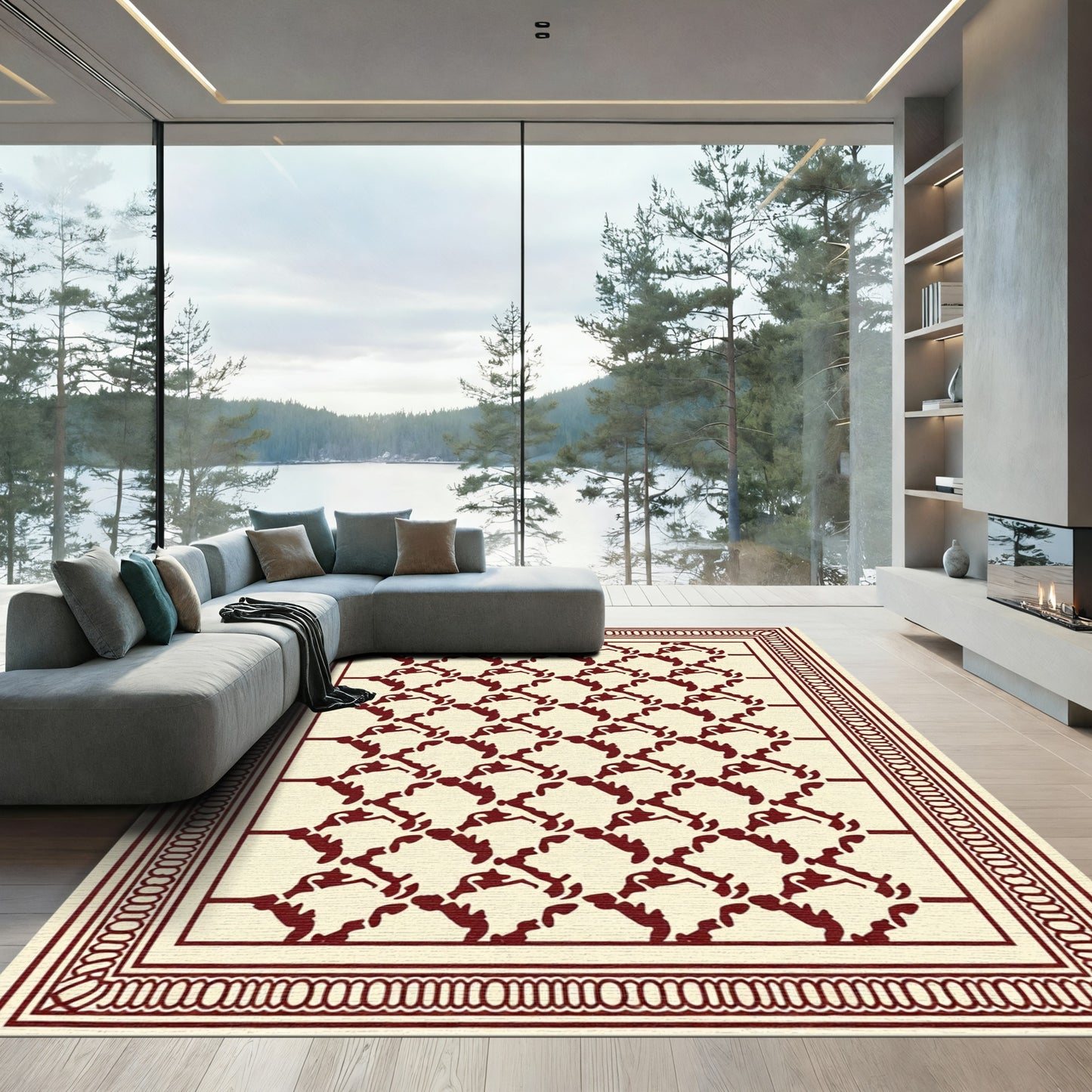 Crimson Lattice Bordered Rug