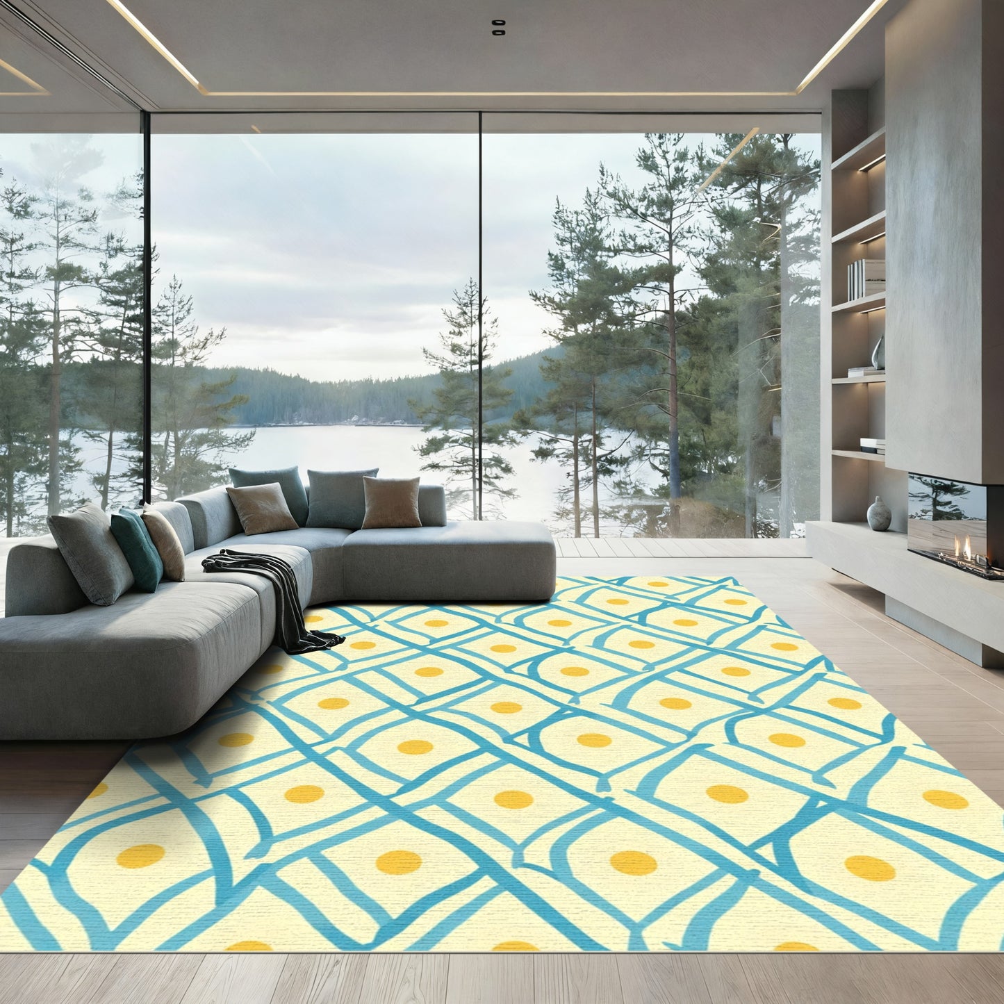 Yellow Cream Blue Lattice Dot Rug