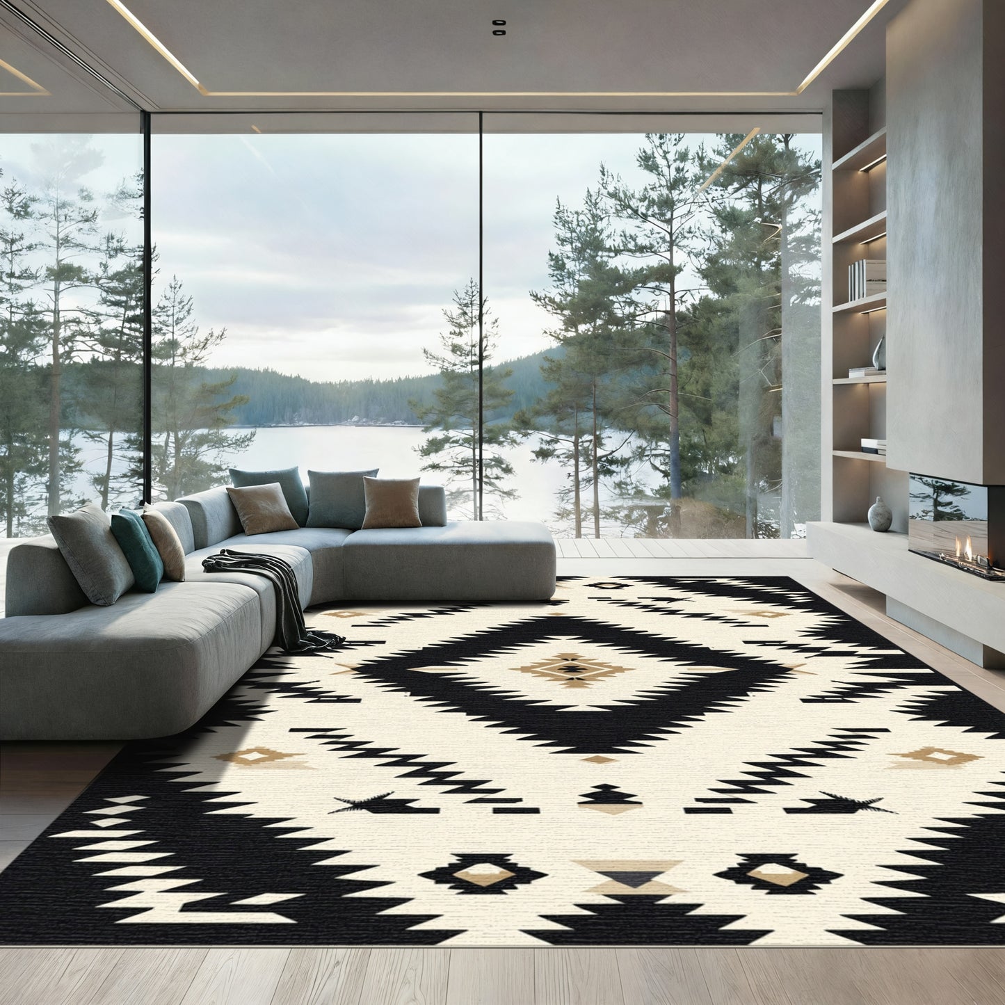 Bold Black Cream Diamond Tribal Rug
