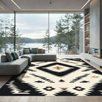 Bold Black Cream Diamond Tribal Rug
