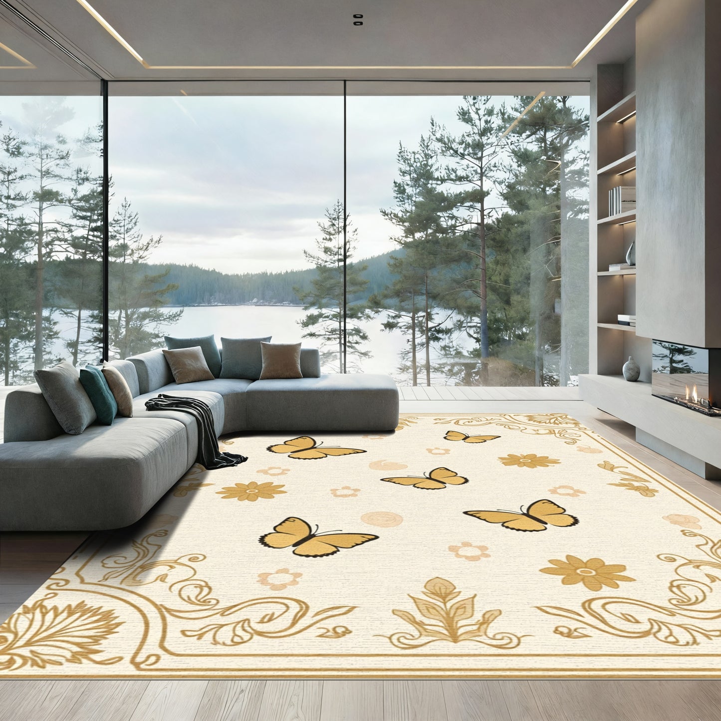 Golden Butterfly Flora Art Nouveau Rug