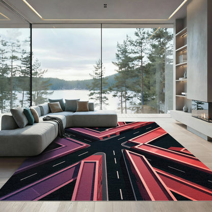 Crimson Modern Cityscape Intersection Rug