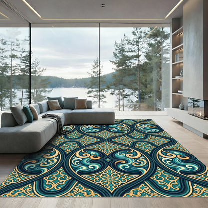 Deep Teal Gold Swirling Medallion Rug