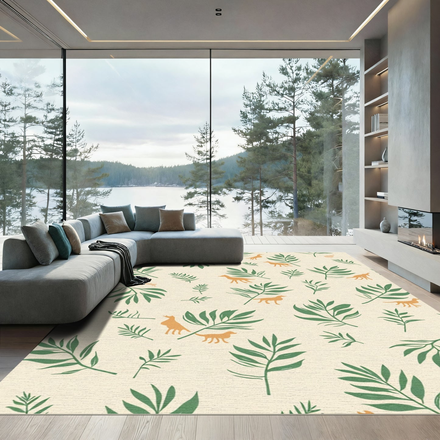 Whimsical Forest Creatures Green Fern Rug