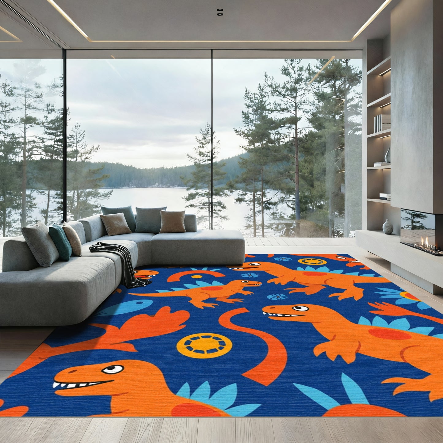 Whimsical Orange Dinosaur Blue Floral Rug
