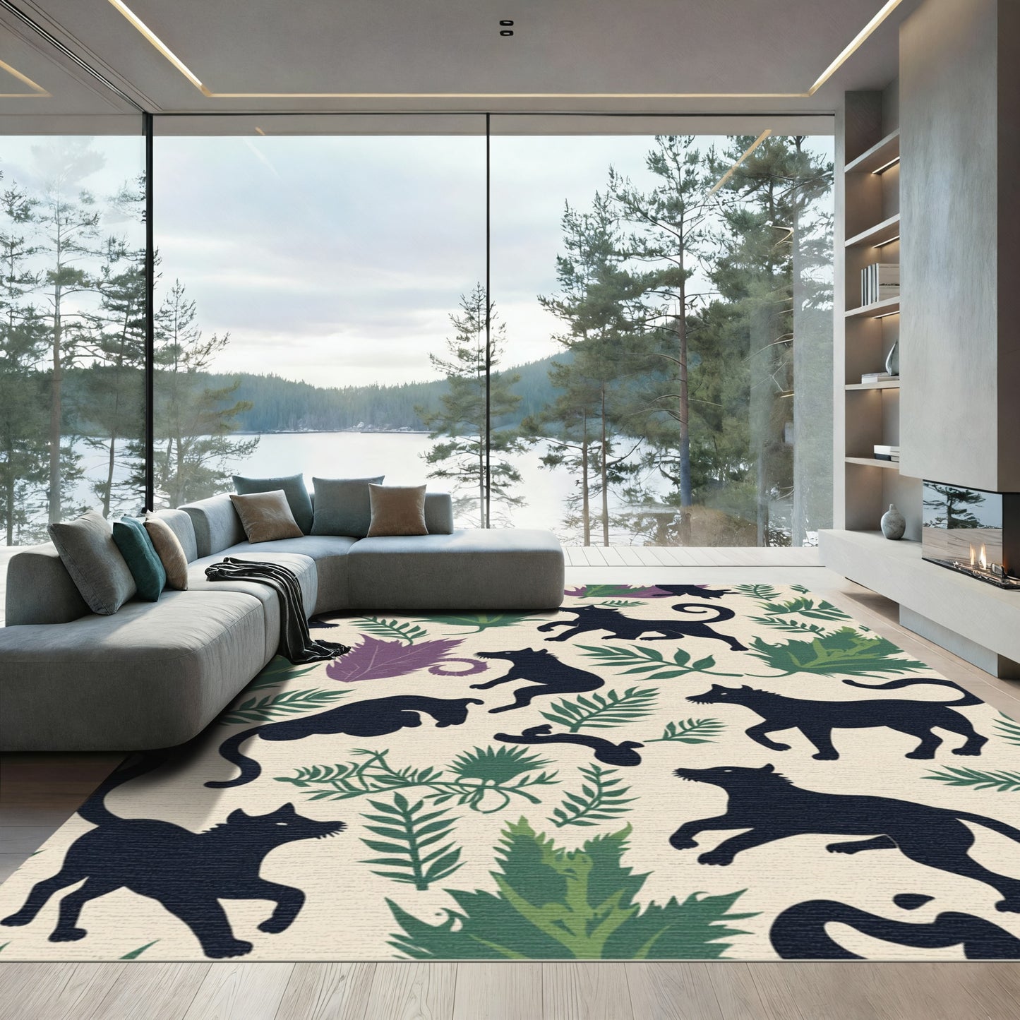 Black Wolves Amidst Verdant Foliage Rug