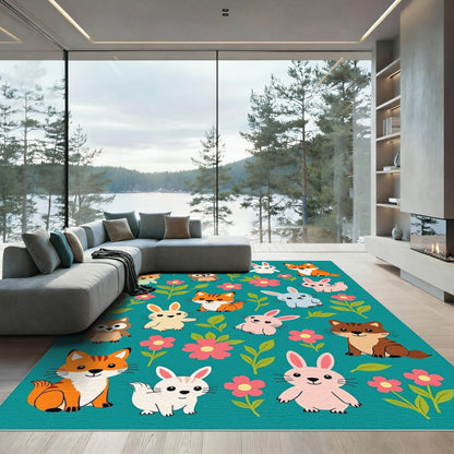 Pink Green Woodland Animals Floral Rug