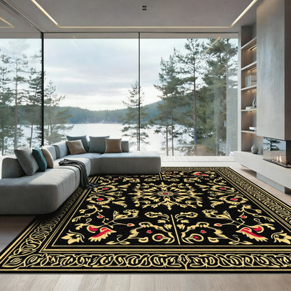 Classical Black Gold Red Floral Medallion Rug