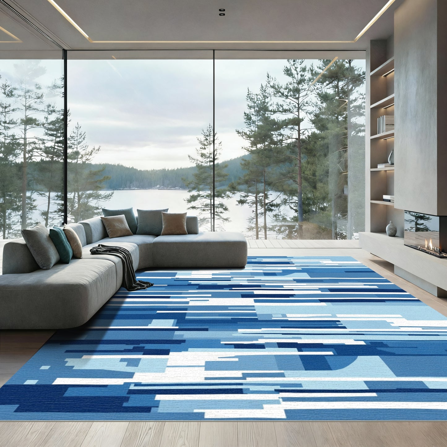 Abstract Blue Geometric Line Rug