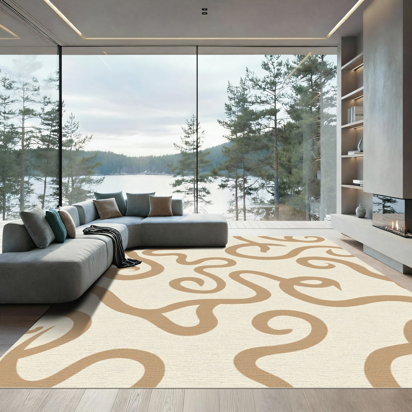 Neutral Tan Swirl Abstract Rug