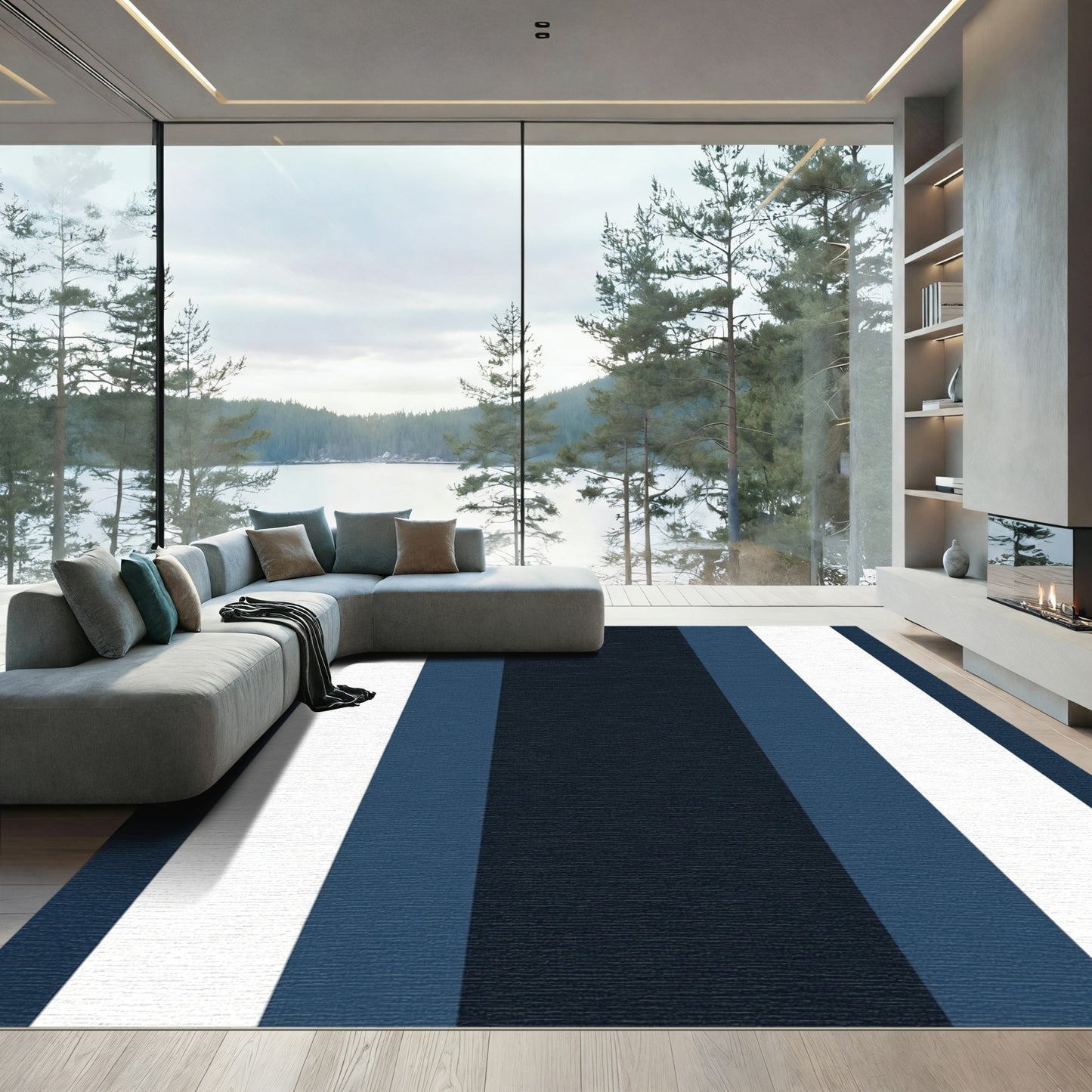 Deep Navy White Blue Stripe Rug
