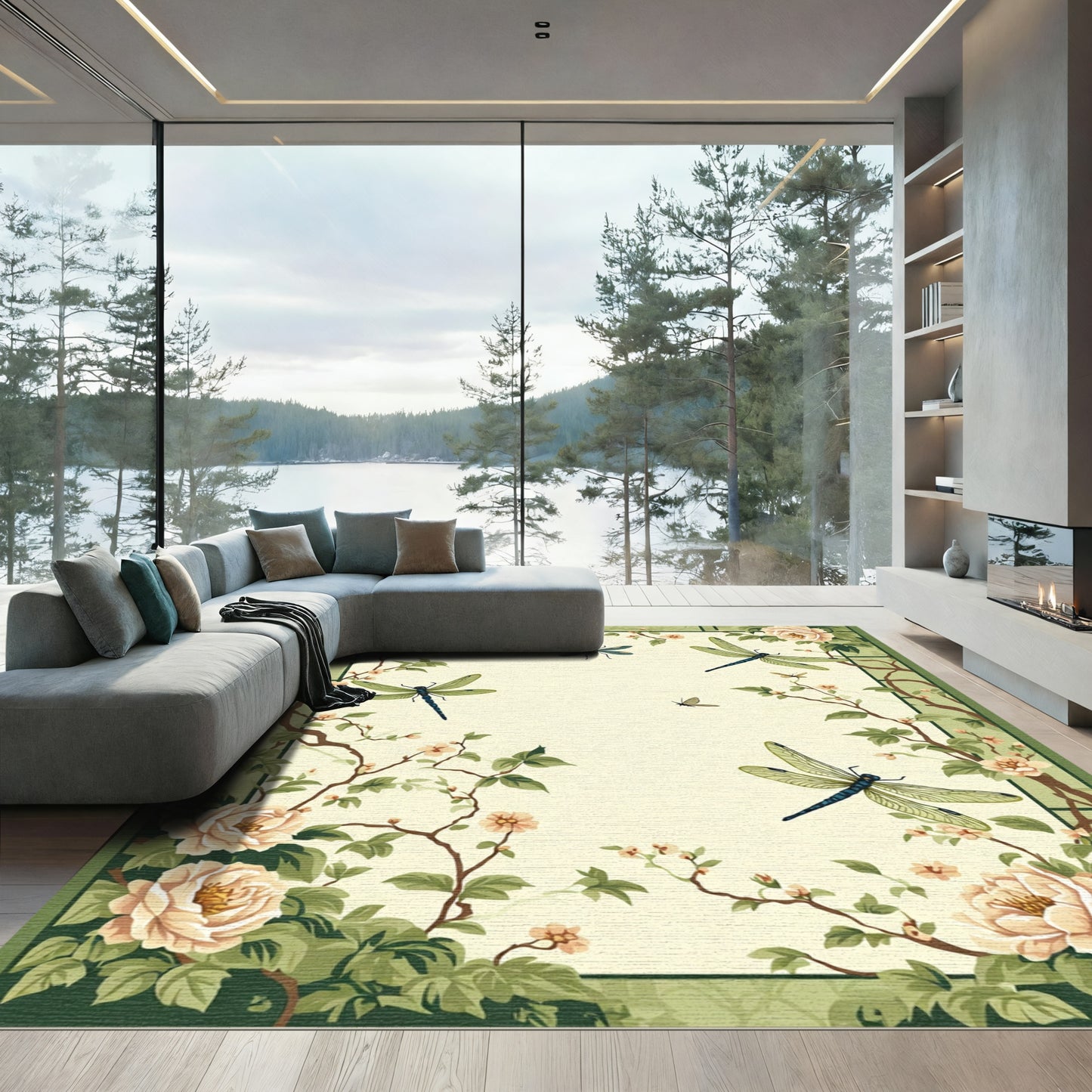Creamy White Dragonflies Floral Branches Rug