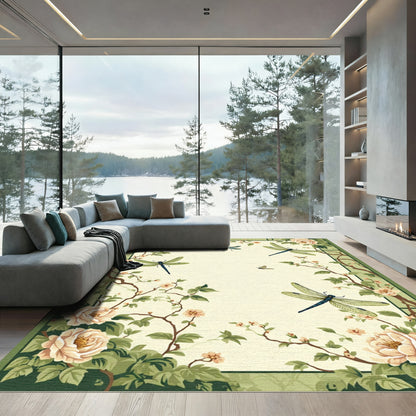 Creamy White Dragonflies Floral Branches Rug