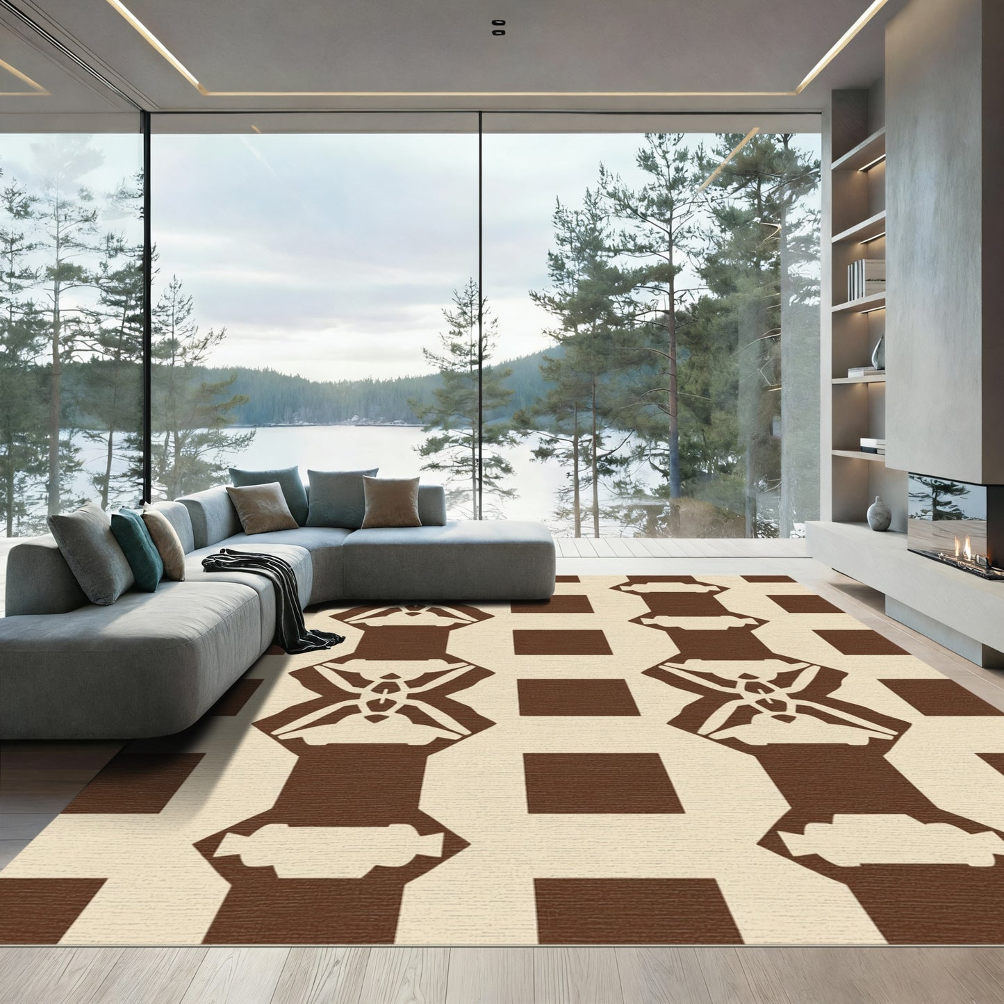 Brown Cream Geometric Lattice Rug