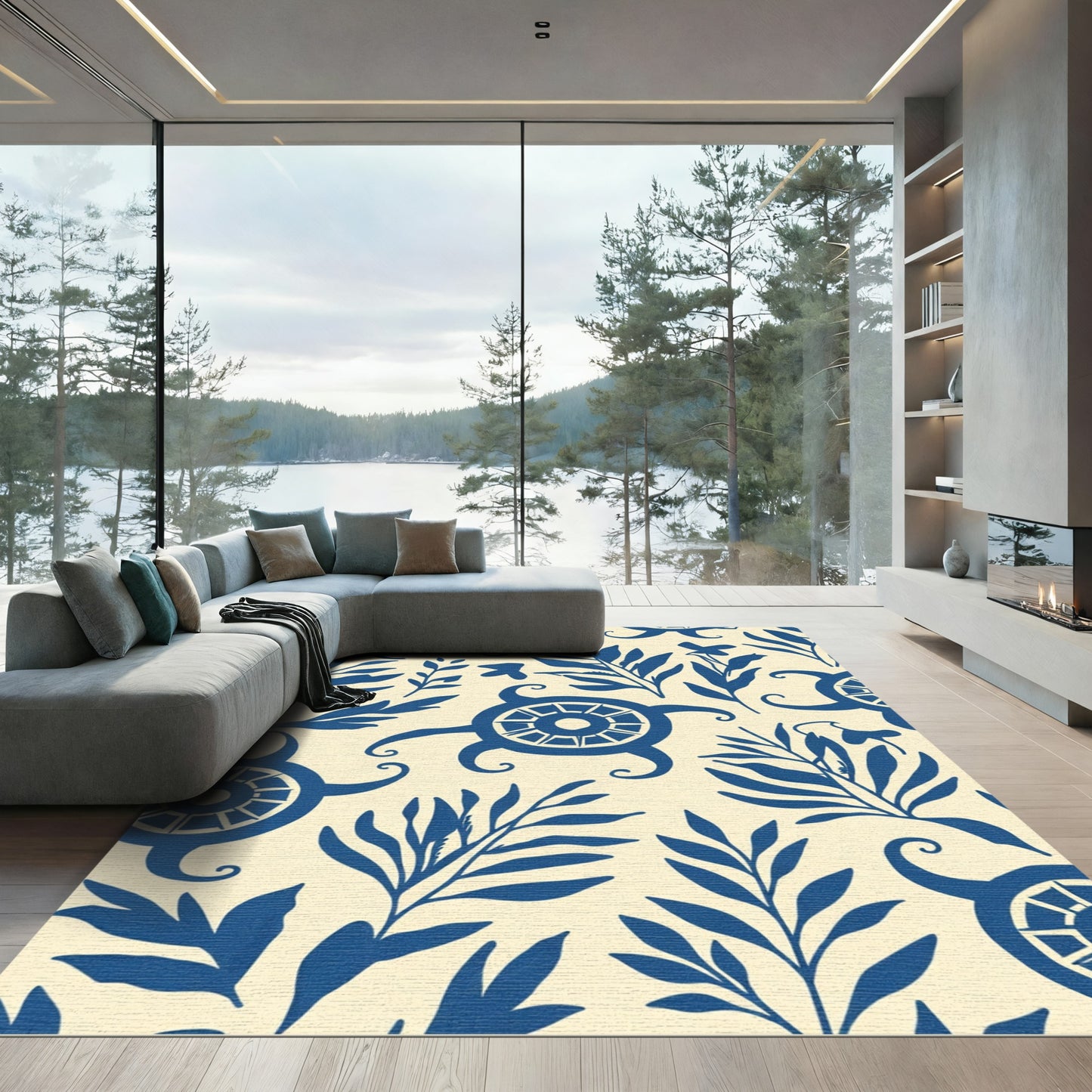 Deep Blue Folk Art Turtle Nature Rug
