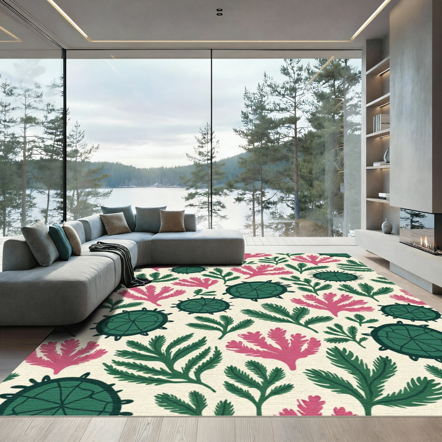 Whimsical Turtle Coral Garden Rug