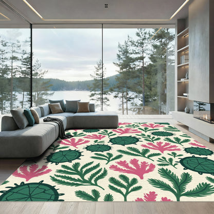 Whimsical Turtle Coral Garden Rug