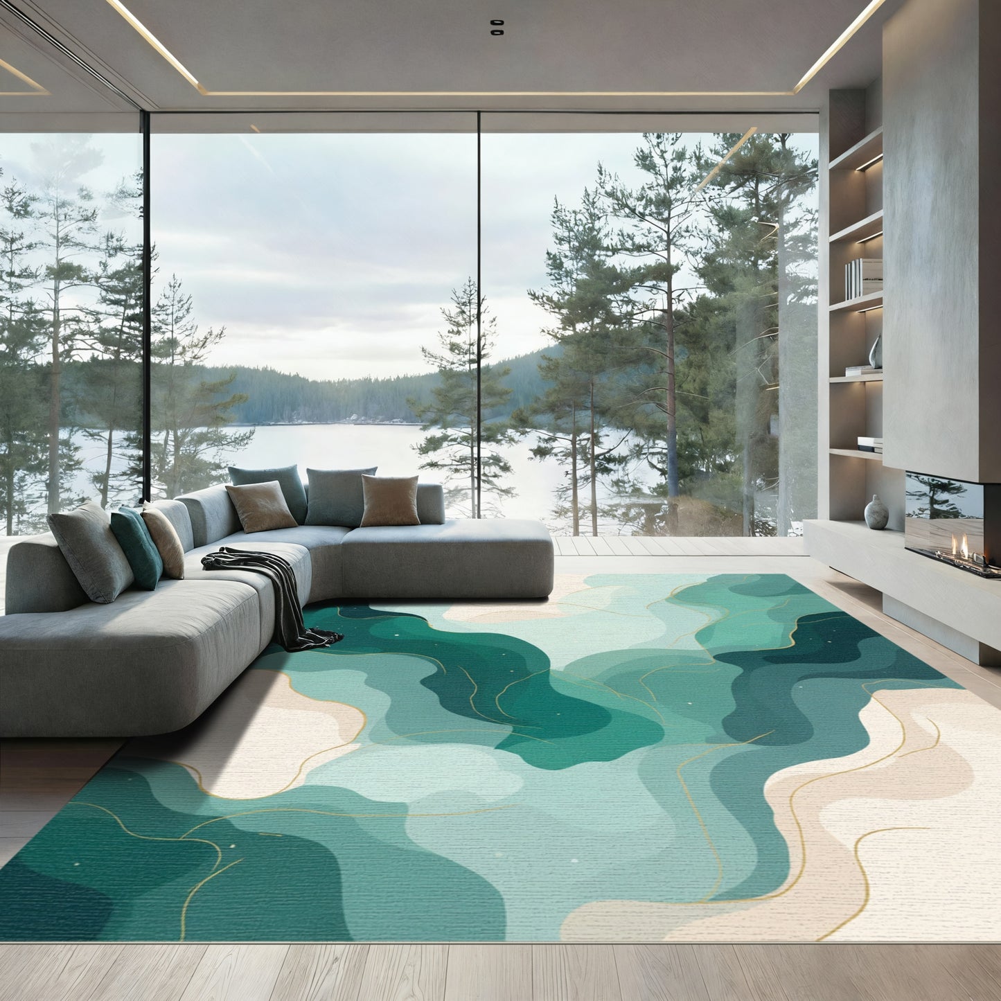 Emerald Teal Flowing Abstract Gold Swirls Rug