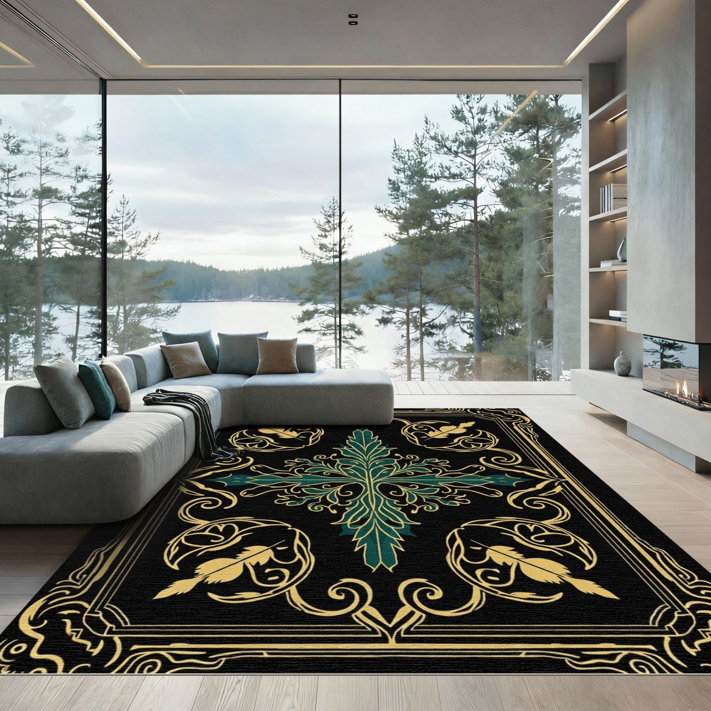 Emerald Gold Feathered Frieze Rug