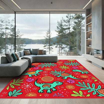 Playful Red Dinosaur Jungle Whimsy Rug